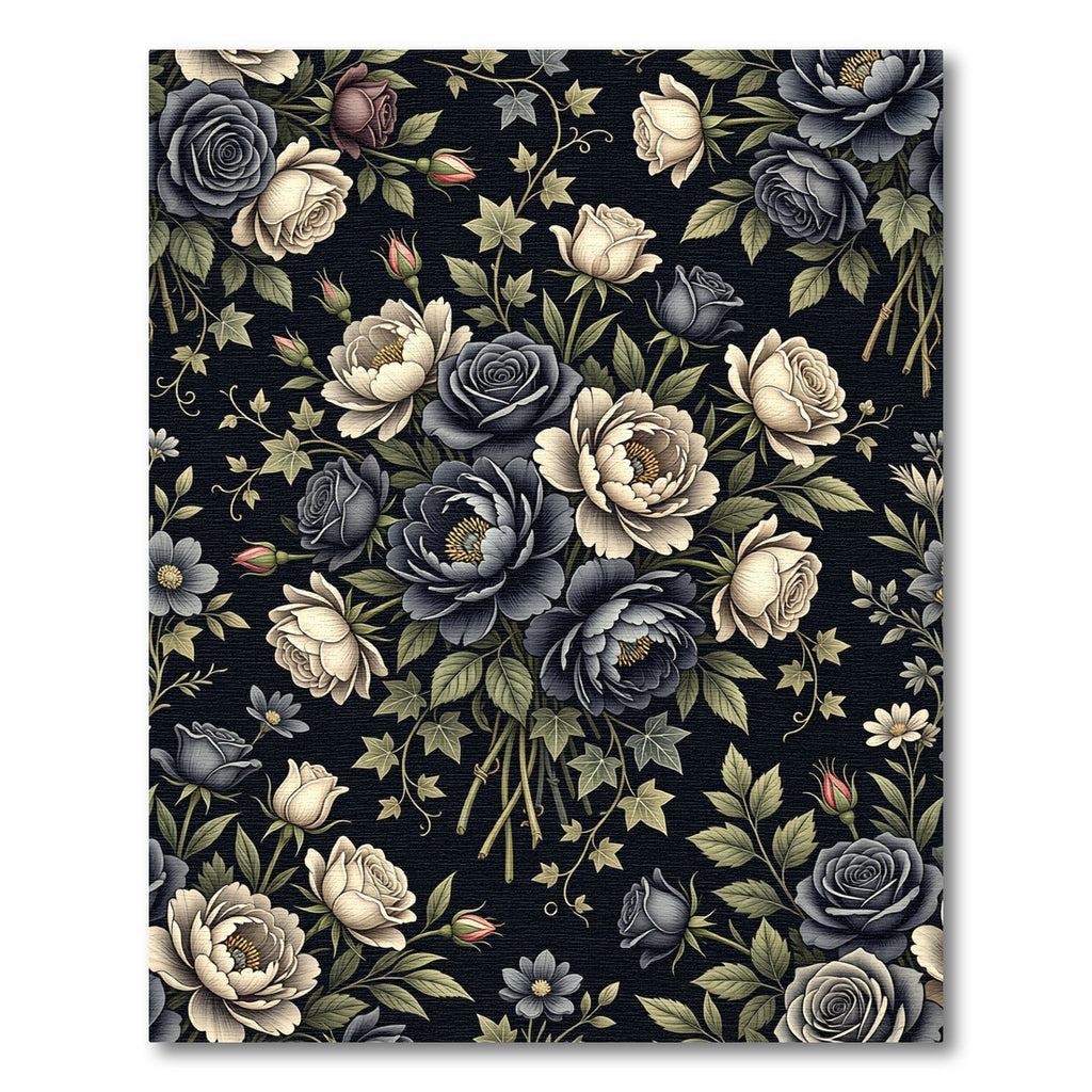 Moody Navy Cream Floral Botanical Bouquet Rug