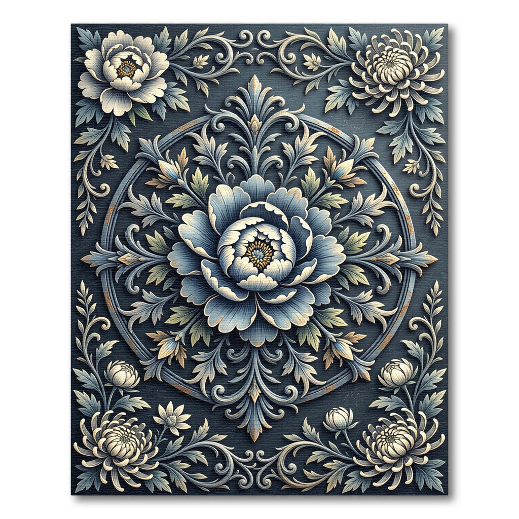 Ornate Blue Floral Scrollwork Rug