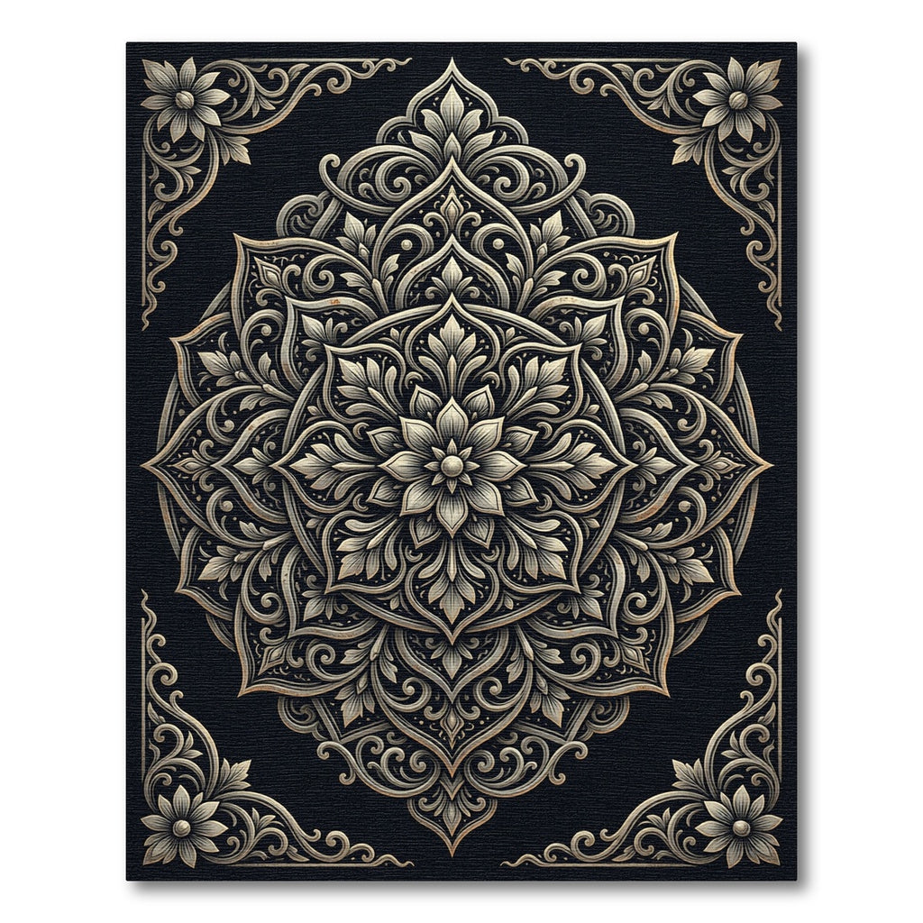 Ornate Silver Floral Mandala Medallion Rug