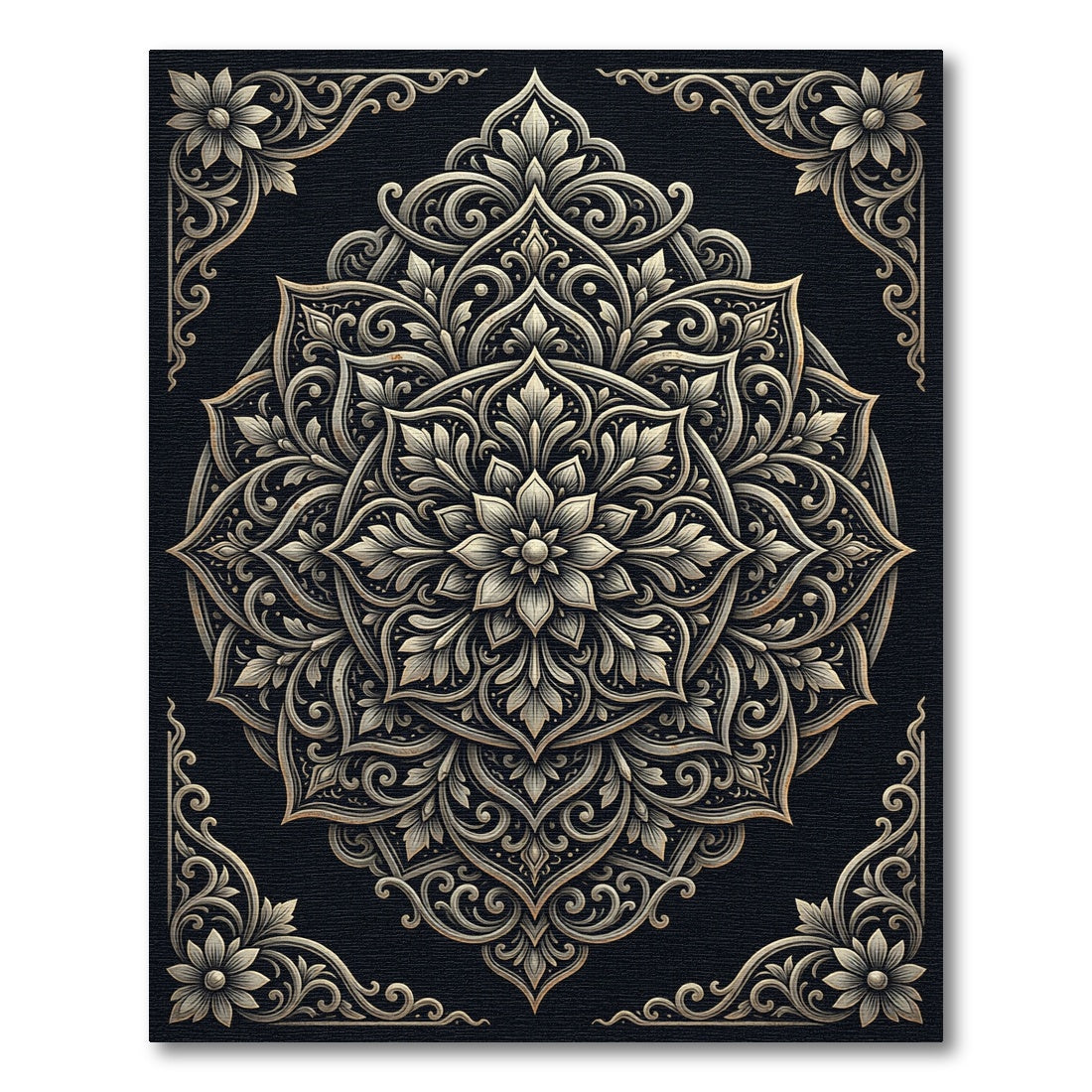 Ornate Silver Floral Mandala Medallion Rug