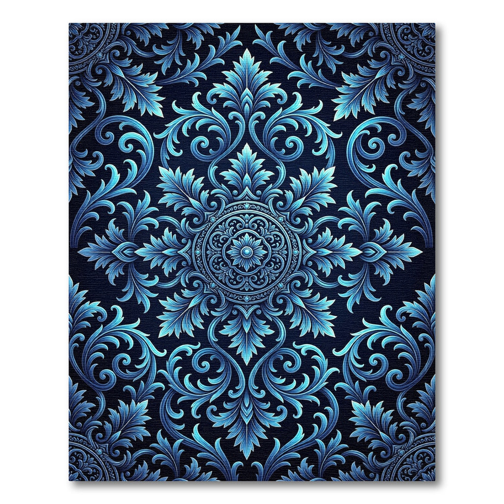 Ornate Blue Floral Scroll Rug