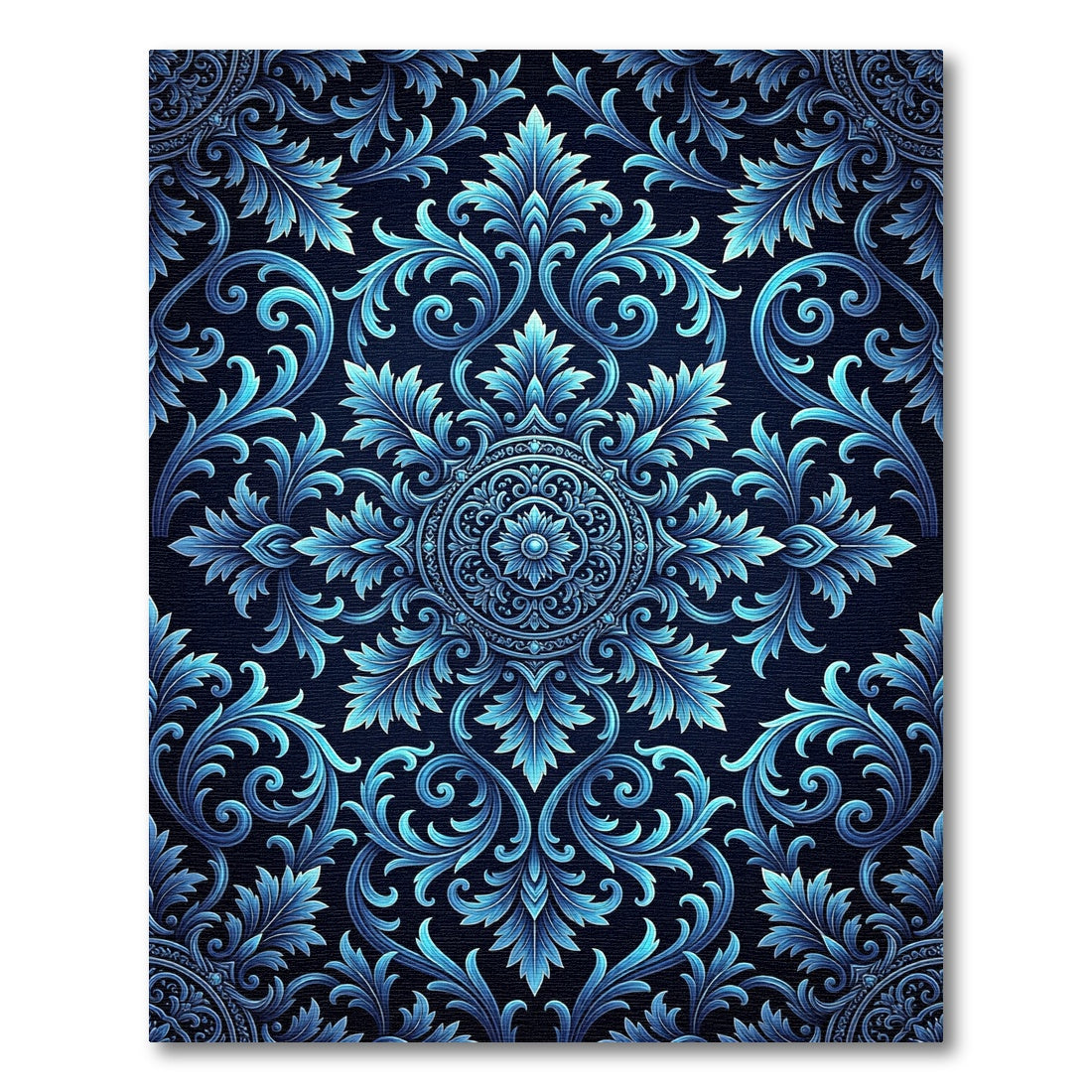 Ornate Blue Floral Scroll Rug