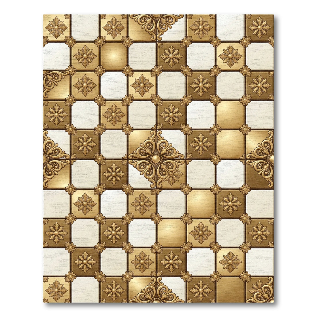 Ornate Gold Floral Checkerboard Rug