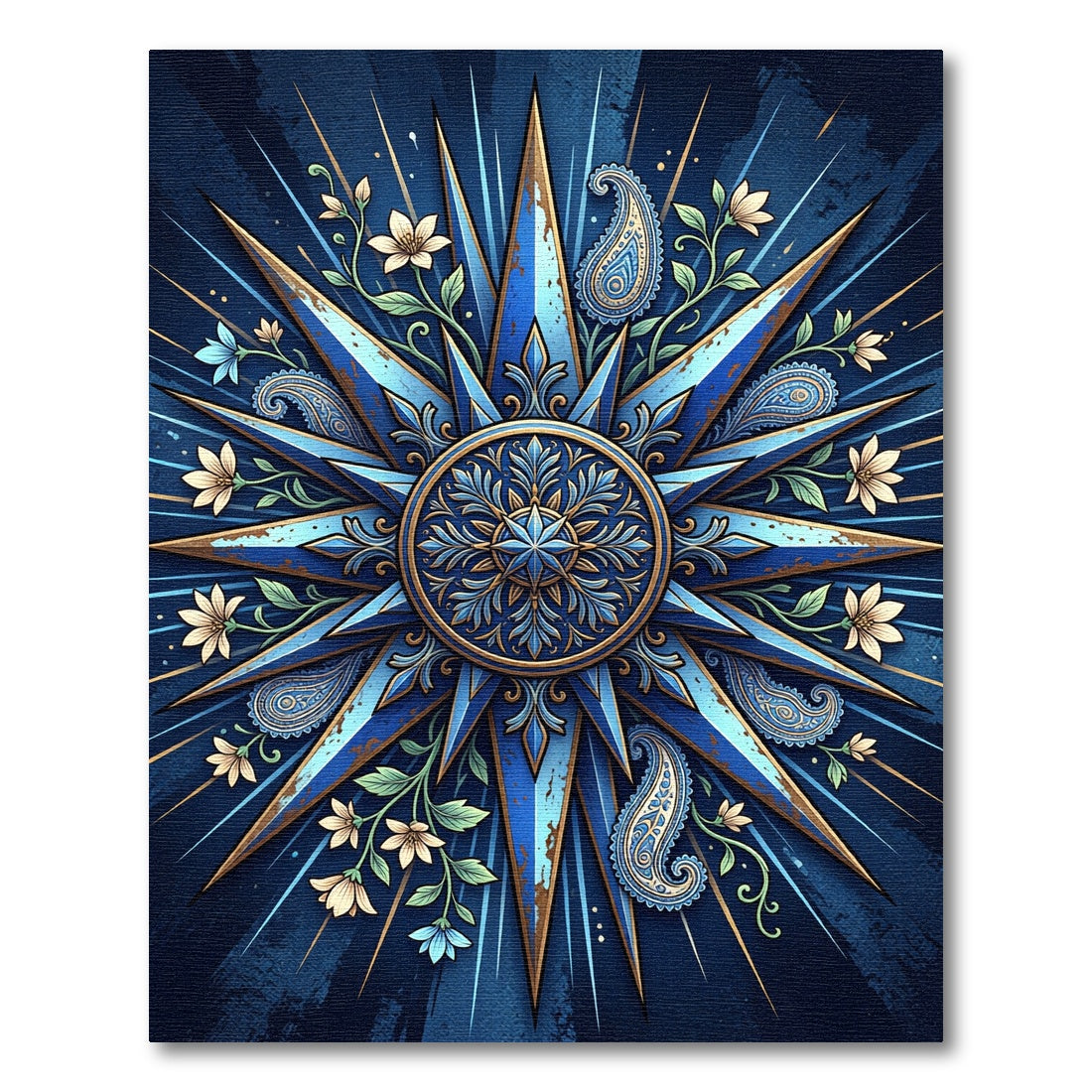 Midnight Blue Celestial Star Paisley Floral Medallion Rug
