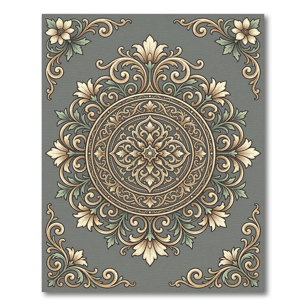 Elegant Sage Floral Baroque Medallion Rug