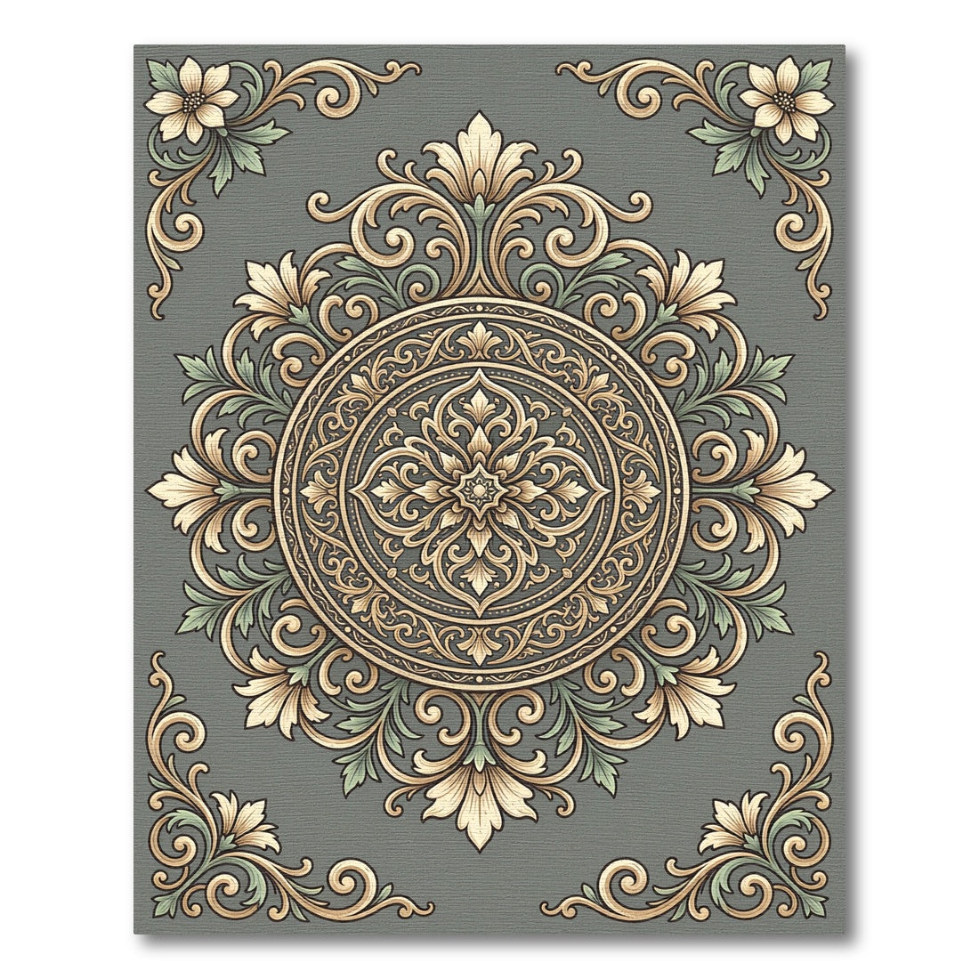 Elegant Sage Floral Baroque Medallion Rug