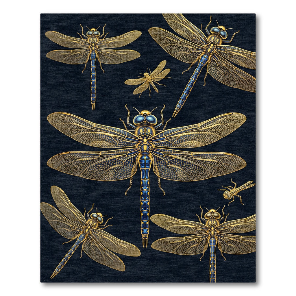 Golden Dragonfly Insects on Navy Background Rug