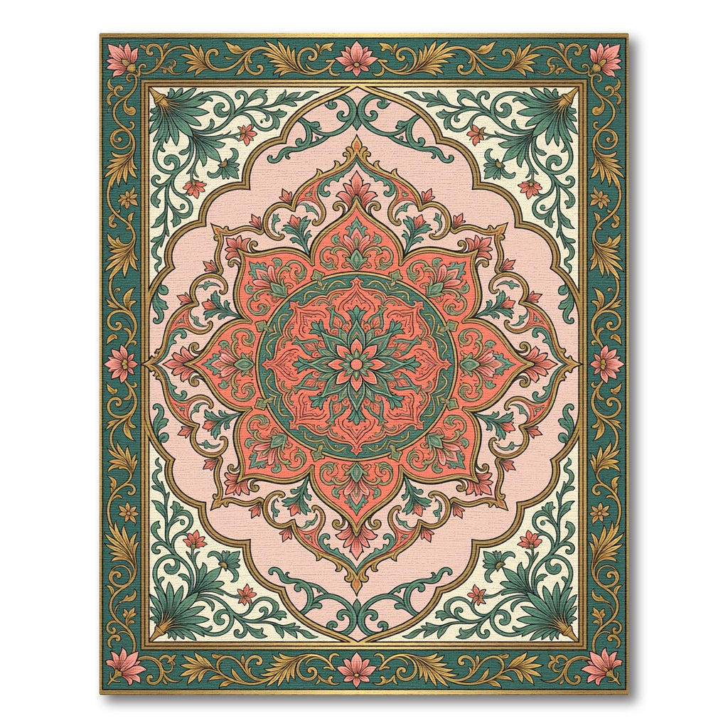 Ornate Coral Green Floral Medallion Rug