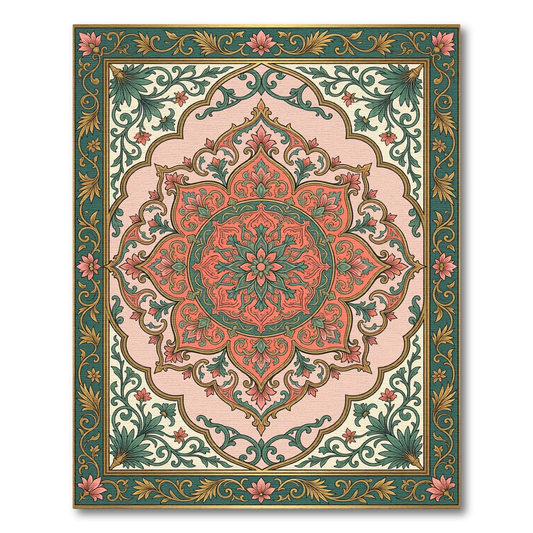 Ornate Coral Green Floral Medallion Rug