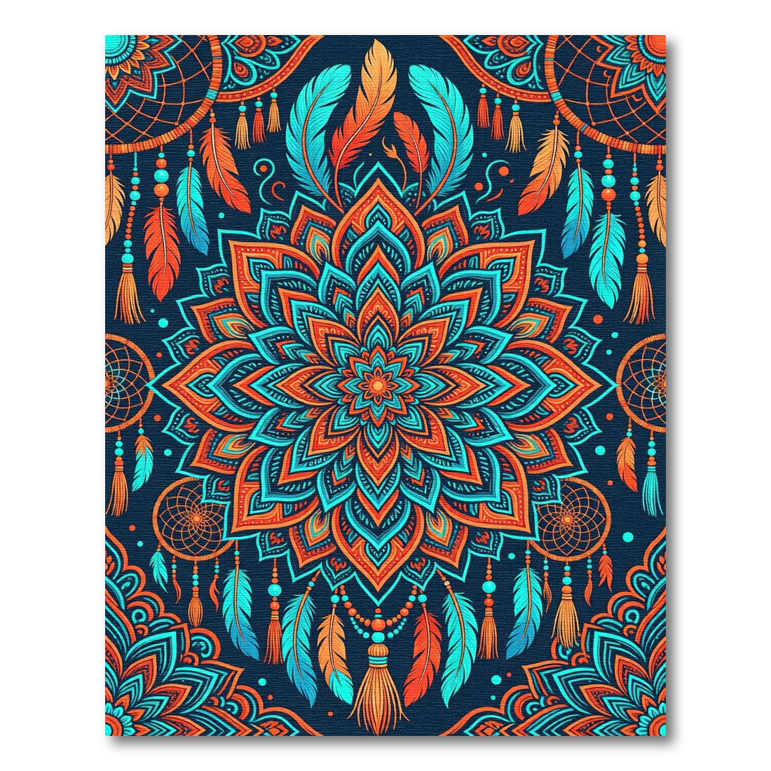 Vibrant Orange Teal Feather Mandala Rug