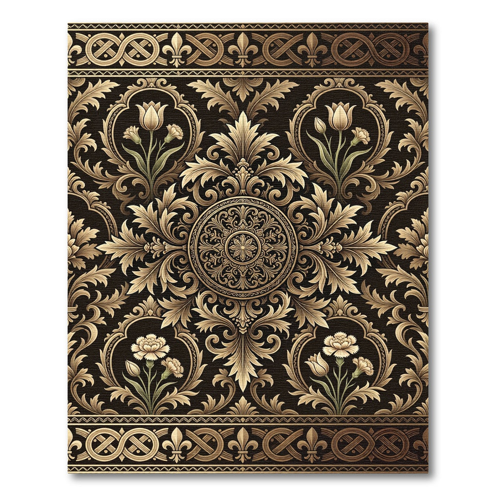 Ornate Gold Floral Scrollwork Tapestry Rug