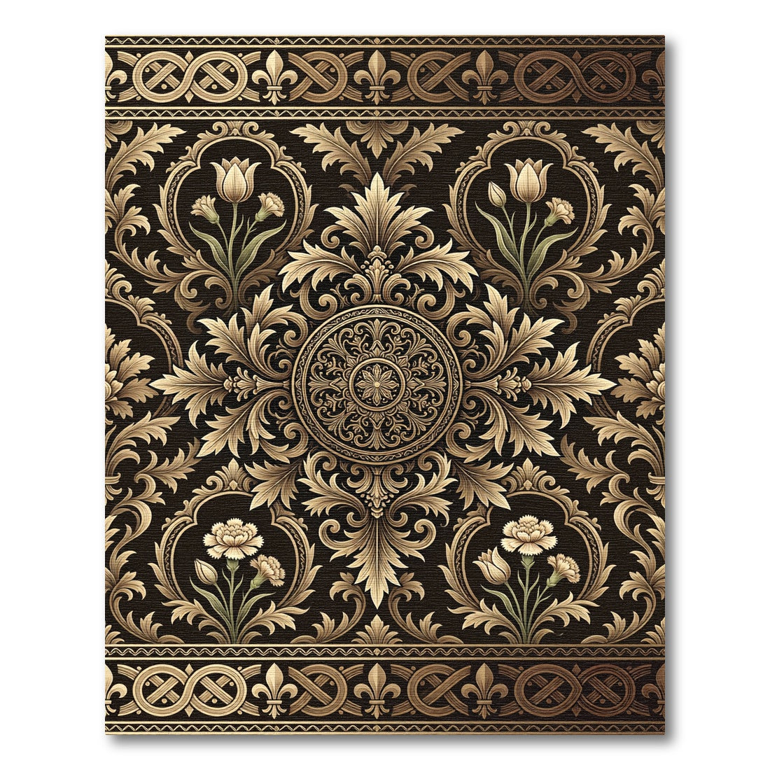 Ornate Gold Floral Scrollwork Tapestry Rug