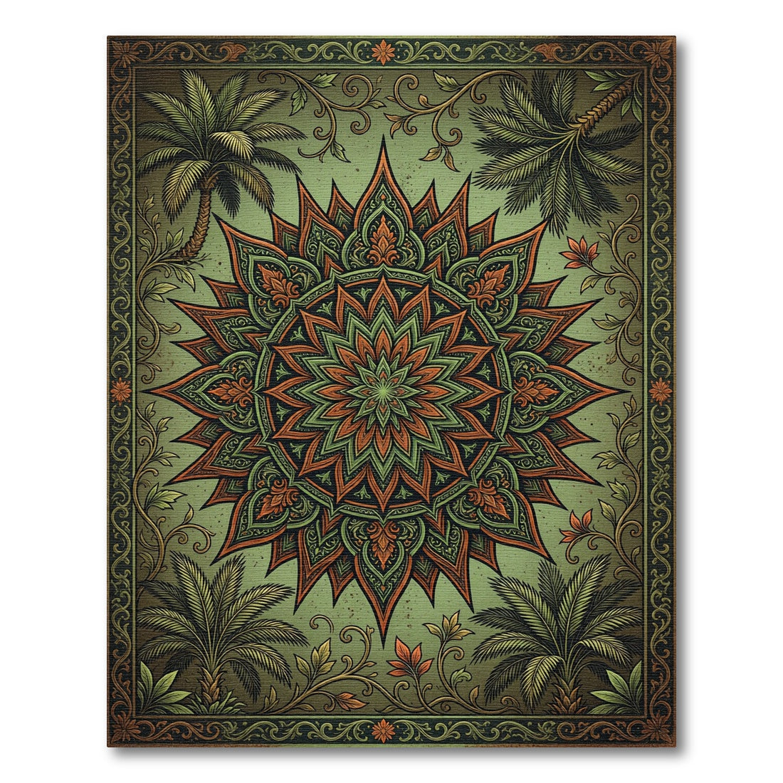 Ornate Sage Olive Tropical Medallion Rug