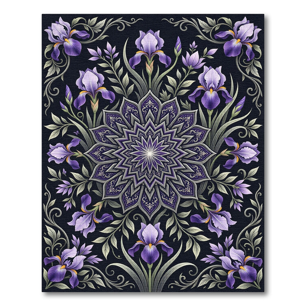 Elegant Violet Iris Mandala Botanical Rug