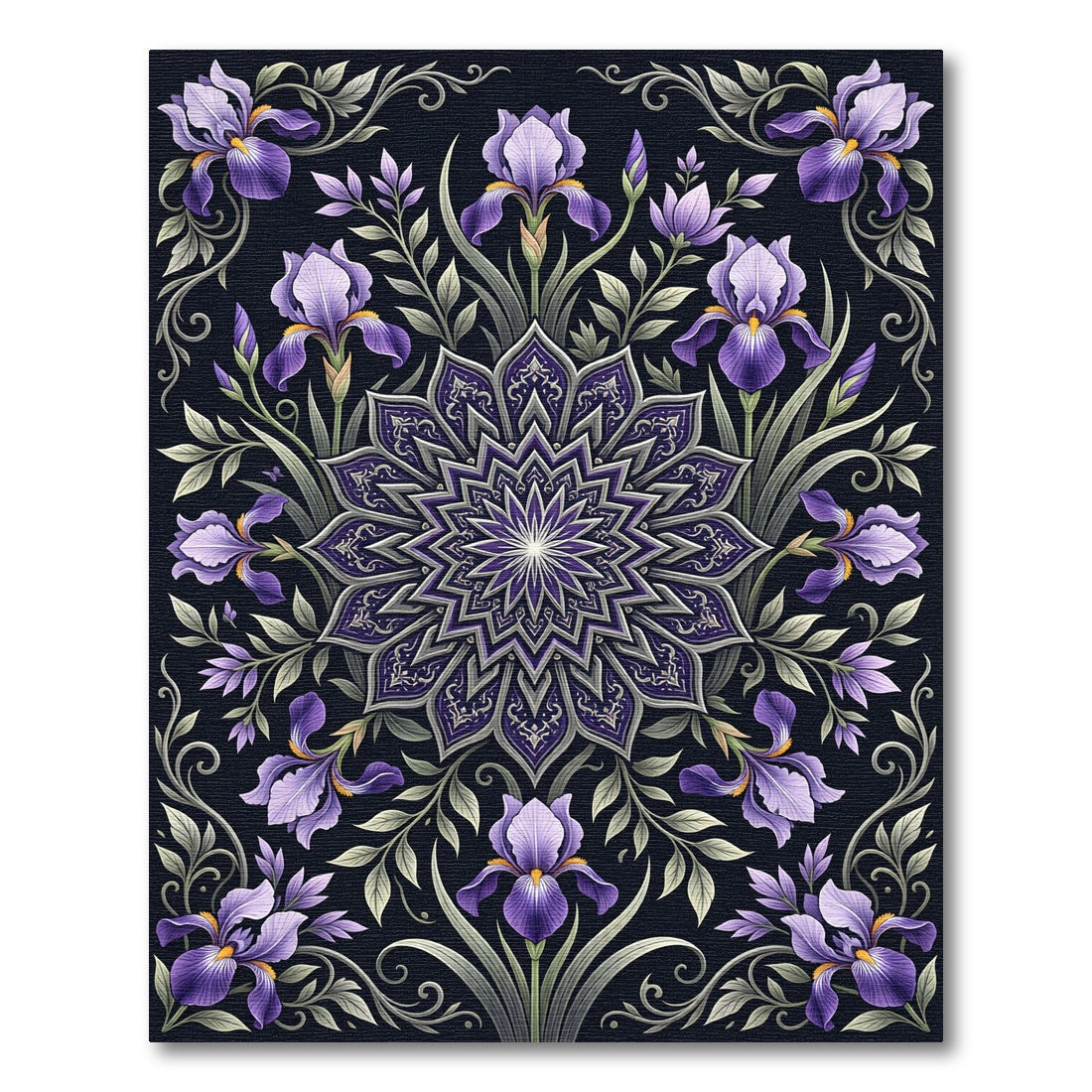 Elegant Violet Iris Mandala Botanical Rug