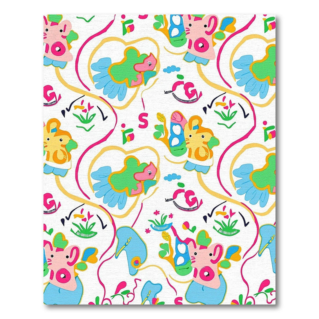 Whimsical Pink Yellow Blue Cartoon Animals Rug