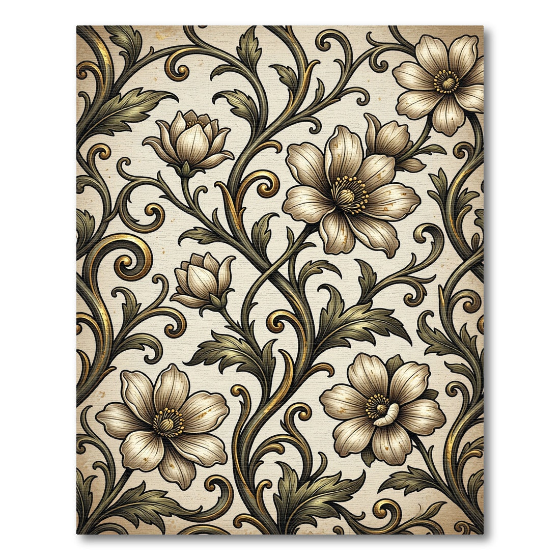 Vintage Cream Floral Golden Vine Scroll Rug