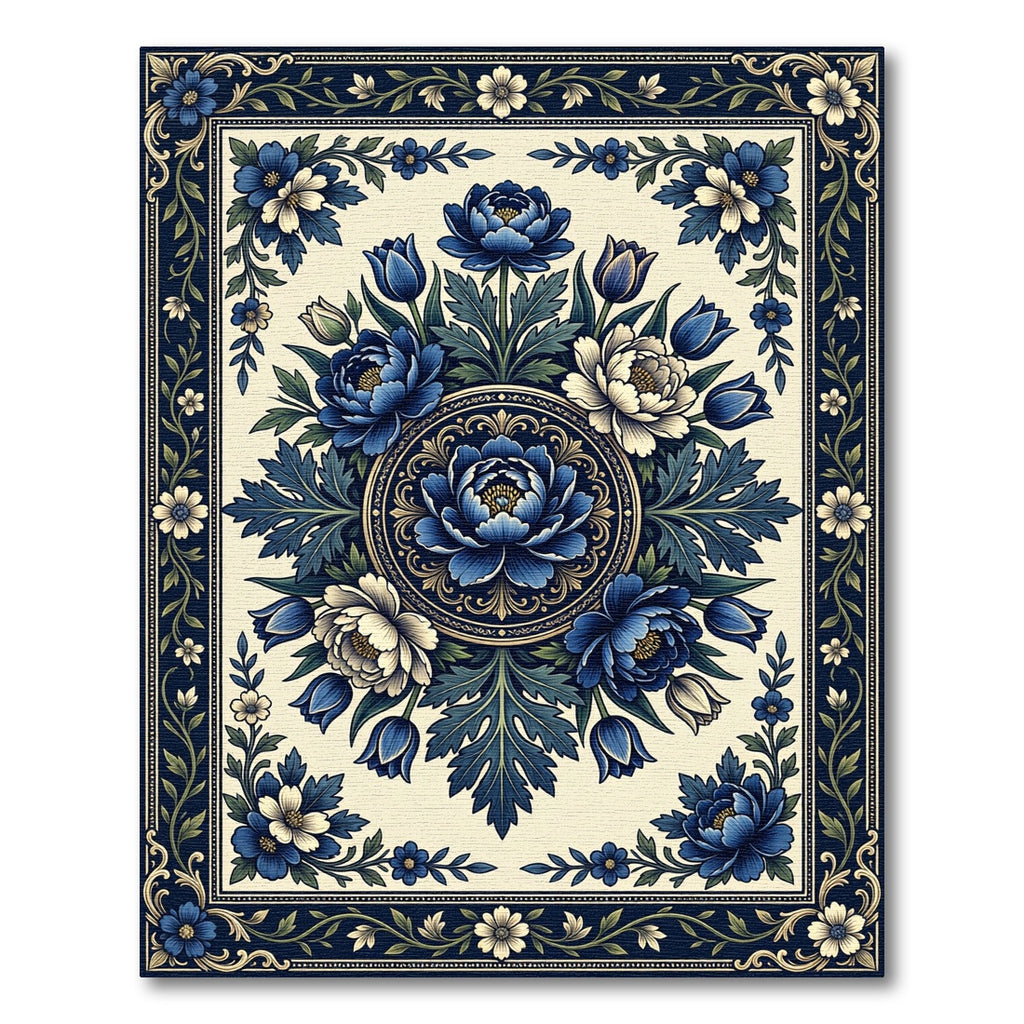 Elegant Navy Floral Medallion Garden Rug