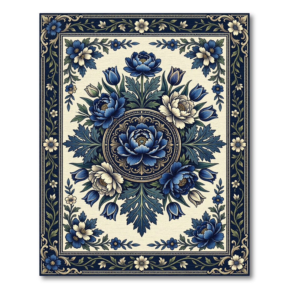 Elegant Navy Floral Medallion Garden Rug