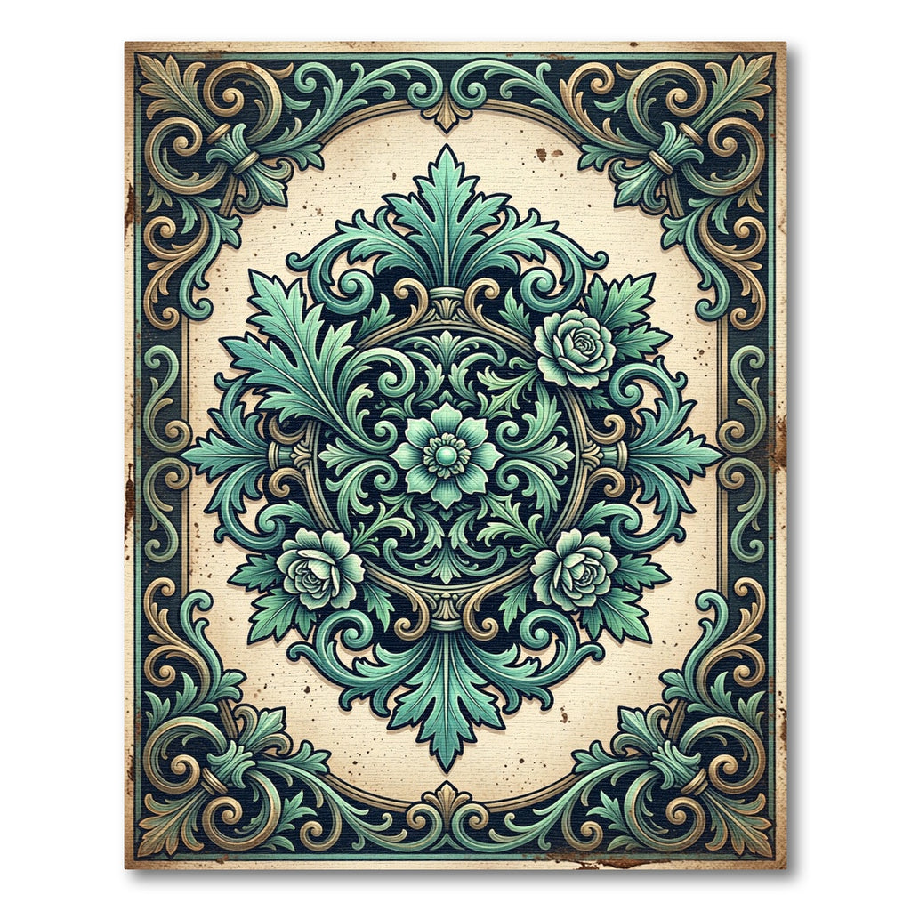 Vintage Teal Floral Damask Medallion Rug