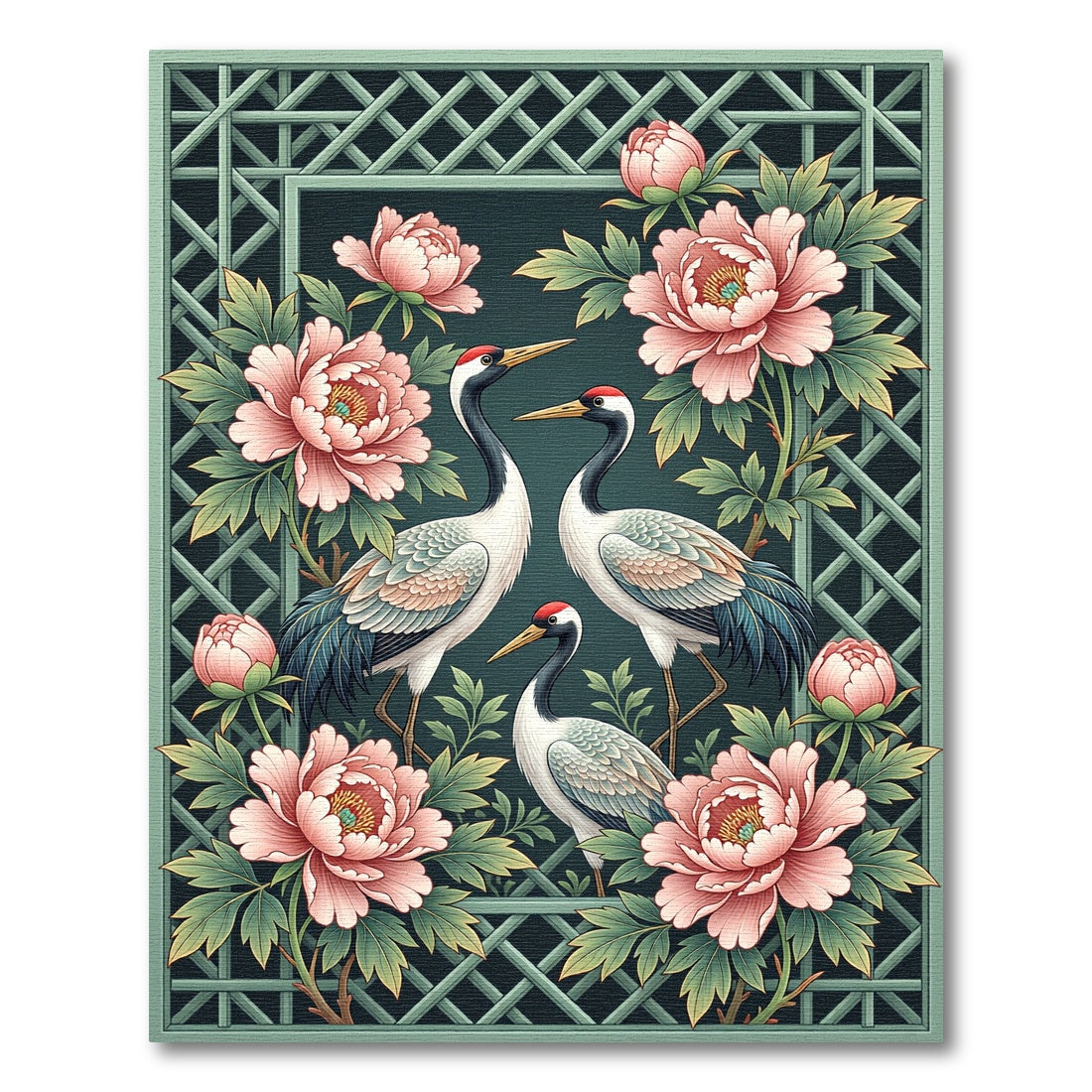 Elegant Cranes and Peonies Teal Rug