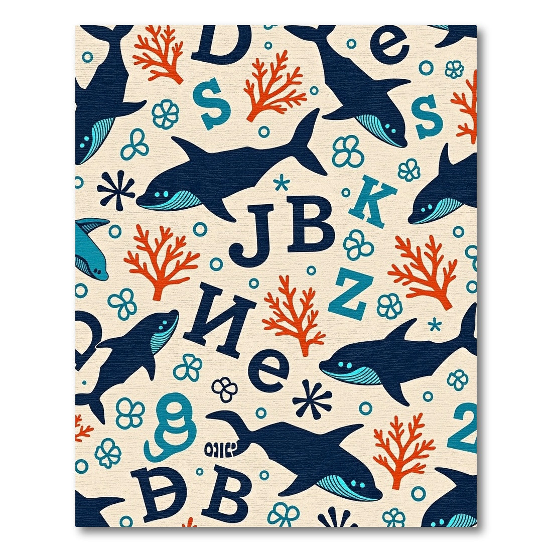 Navy Blue Whale Coral Alphabet Collage Rug