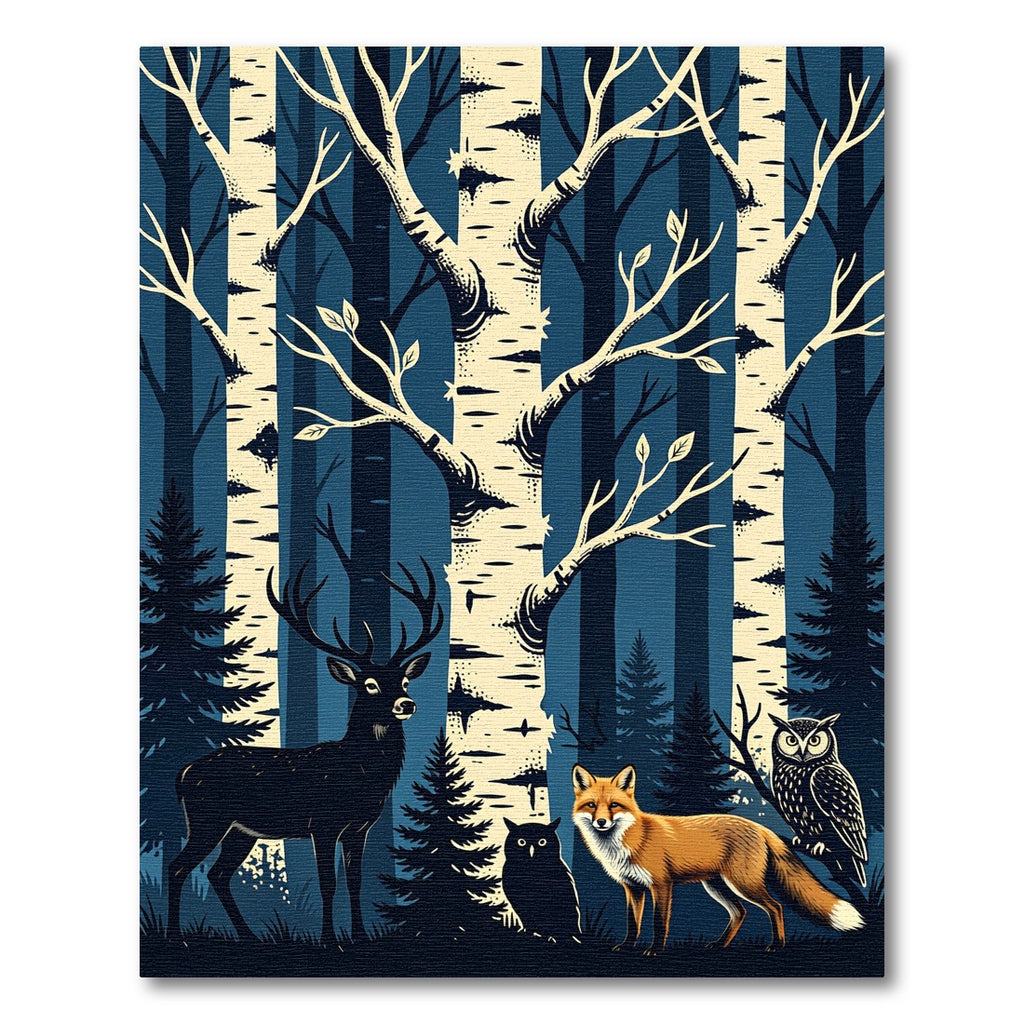 Midnight Forest Animals and Birch Trees Rug