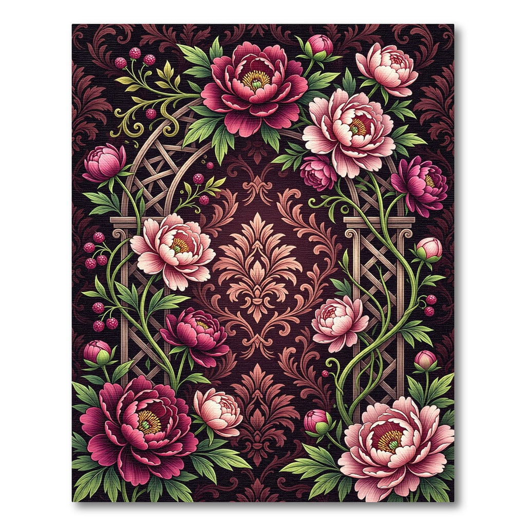 Dramatic Burgundy Peony Damask Trellis Rug