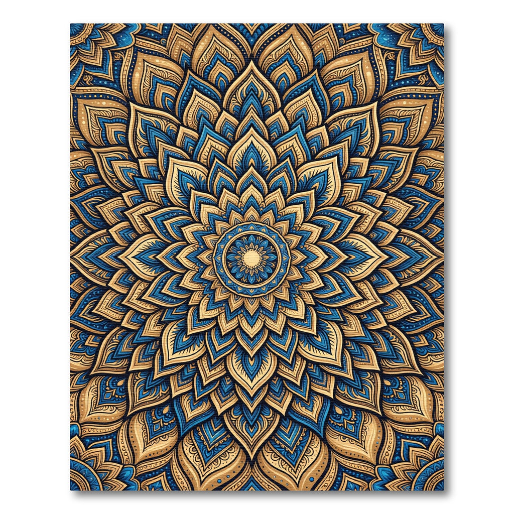 Golden Blue Floral Mandala Medallion Rug