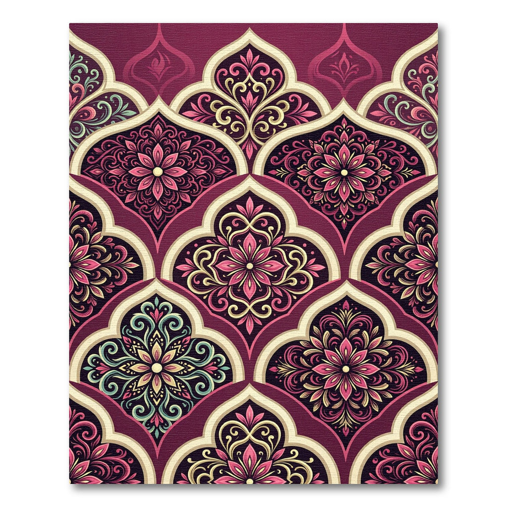 Burgundy Floral Damask Scalloped Medallion Rug