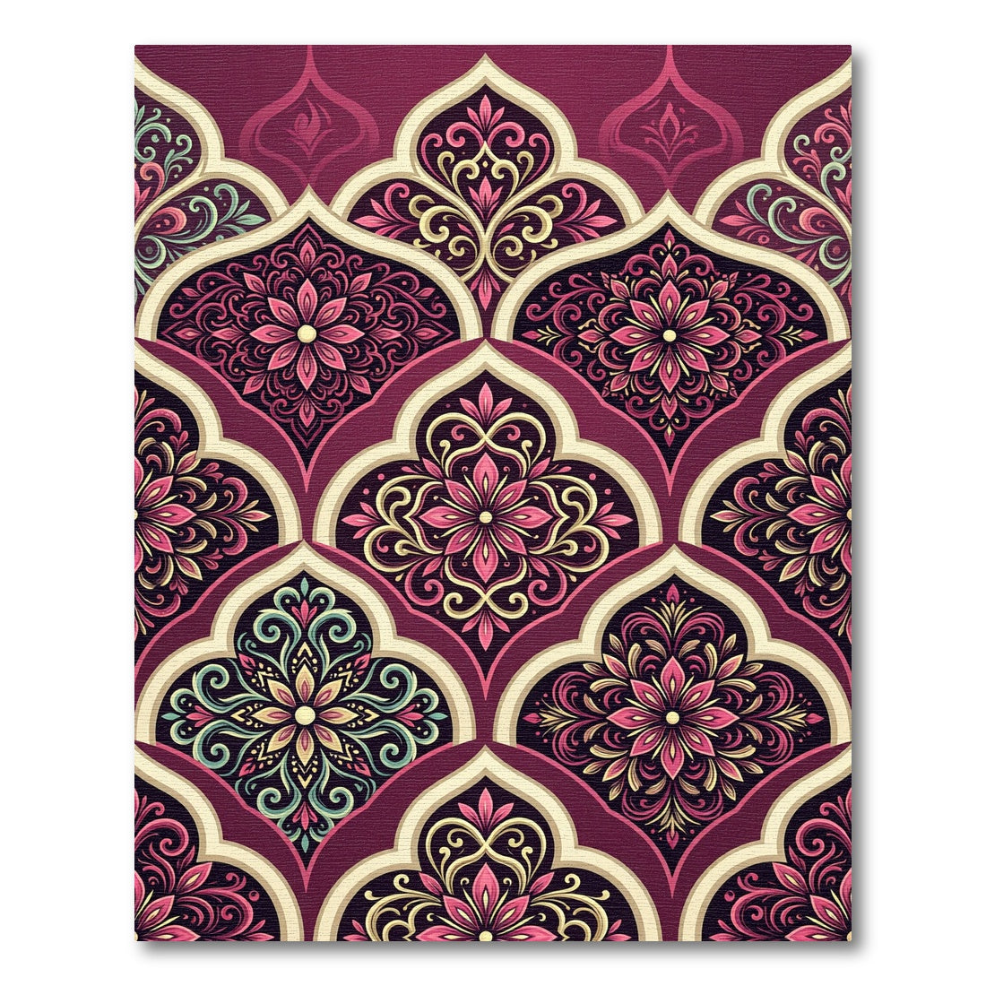 Burgundy Floral Damask Scalloped Medallion Rug