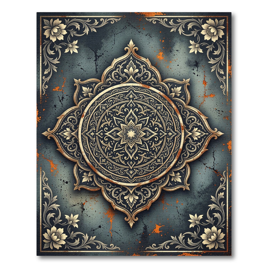 Golden Mandala Dark Slate Floral Medallion Rug