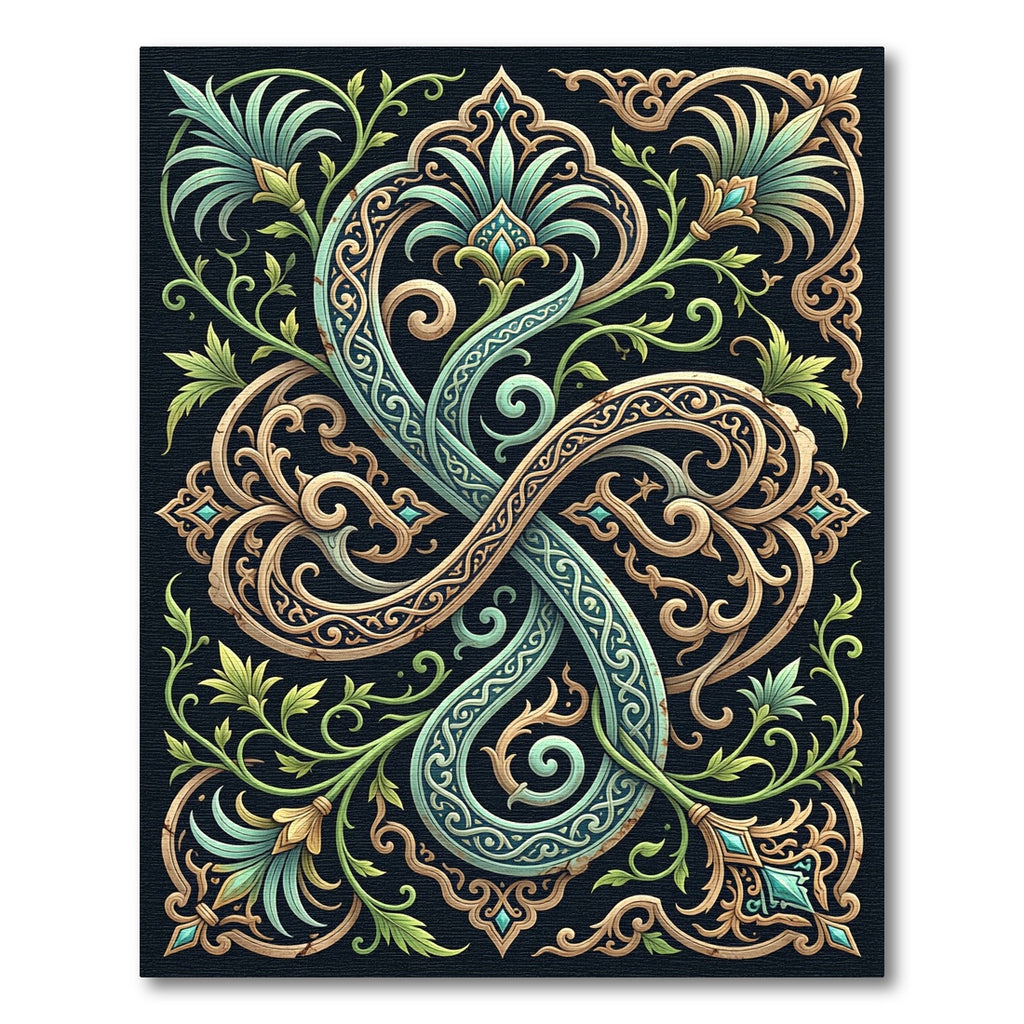 Ornate Teal Golden Floral Scroll Rug