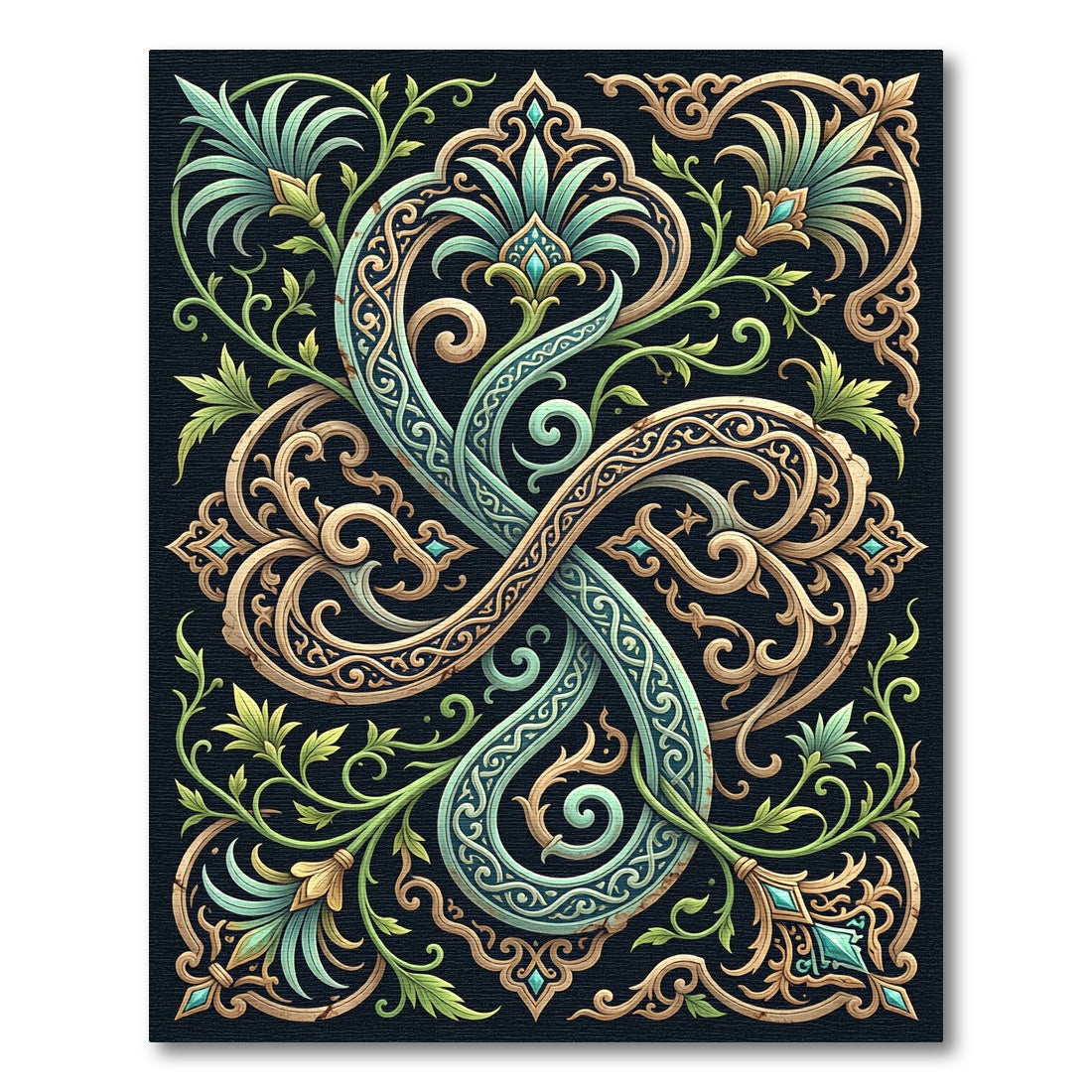 Ornate Teal Golden Floral Scroll Rug