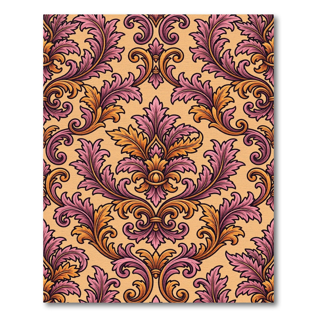 Ornate Peach and Plum Damask Scroll Rug
