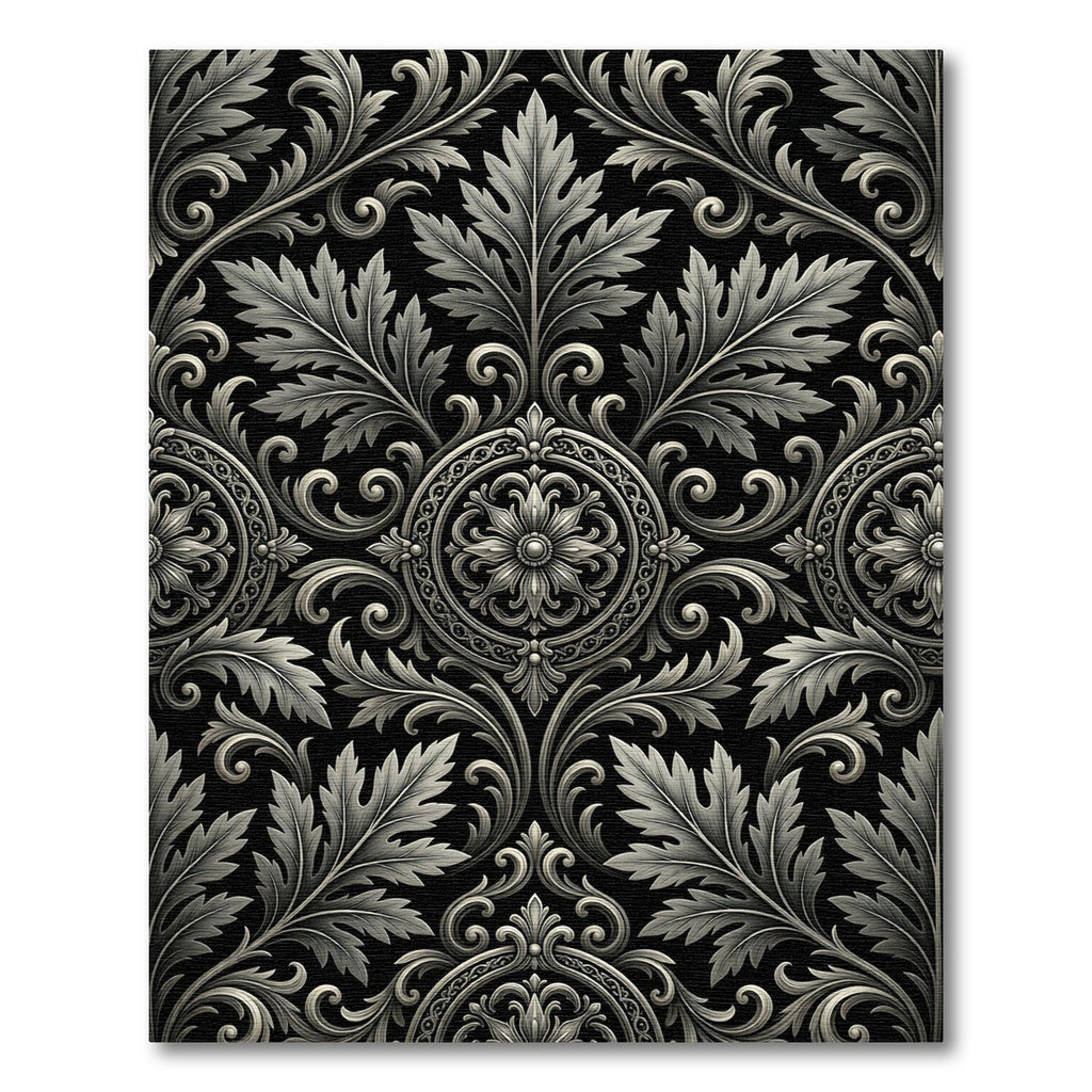 Ornate Silver Black Floral Scroll Rug