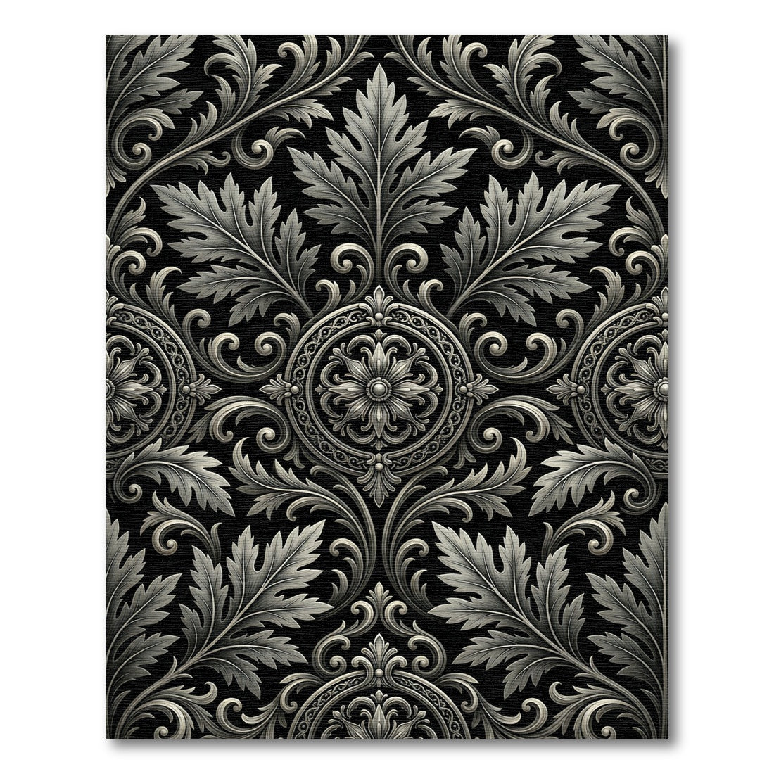 Ornate Silver Black Floral Scroll Rug