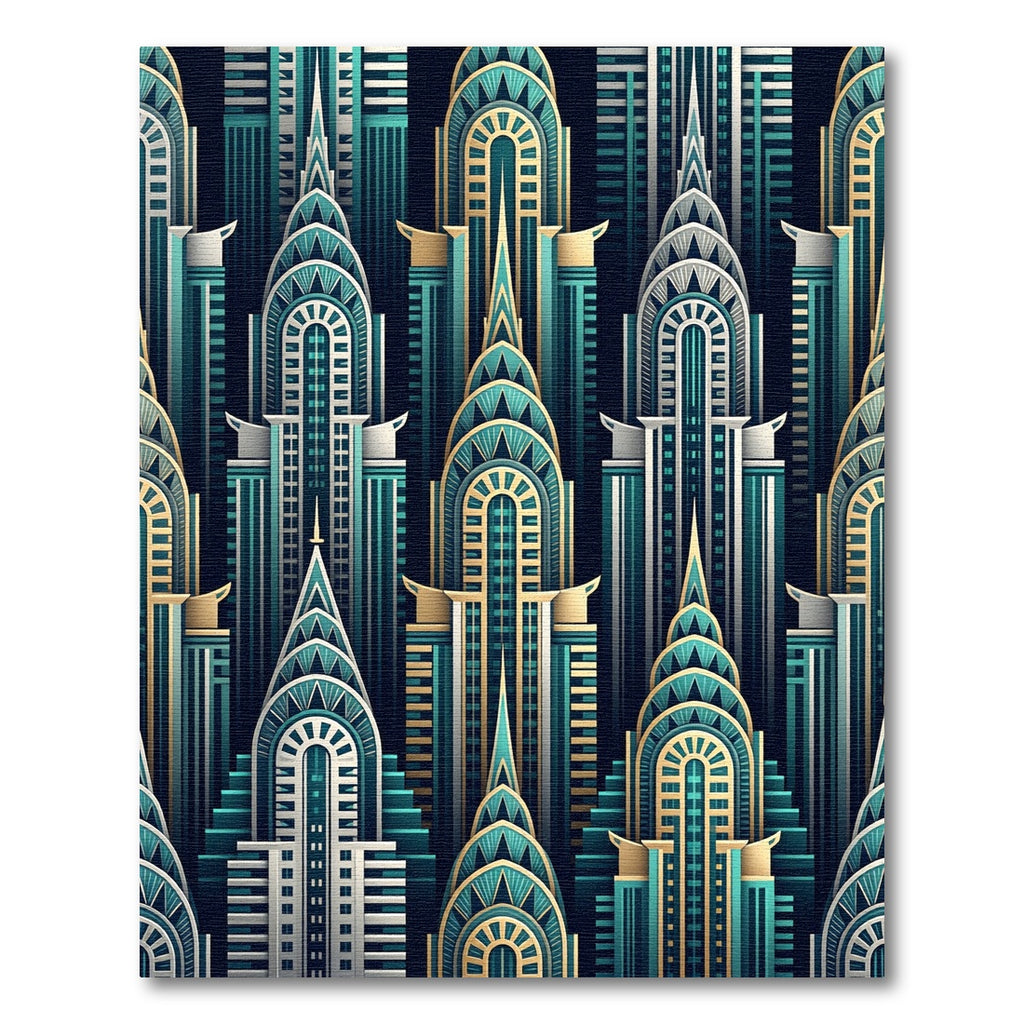 Art Deco Teal Gold Skyline Buildings Rug
