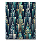 Art Deco Teal Gold Skyline Buildings Rug