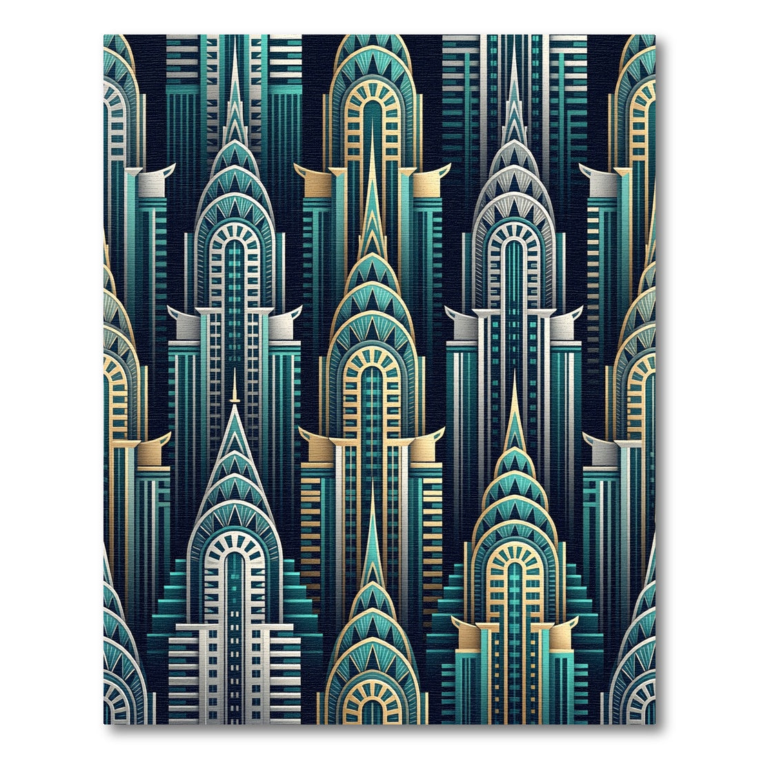 Art Deco Teal Gold Skyline Buildings Rug