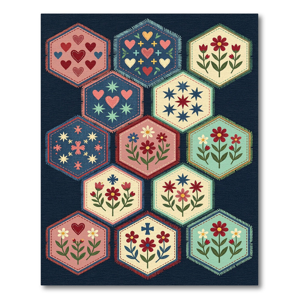 Floral Hexagon Folk Art Quilt Art Rug