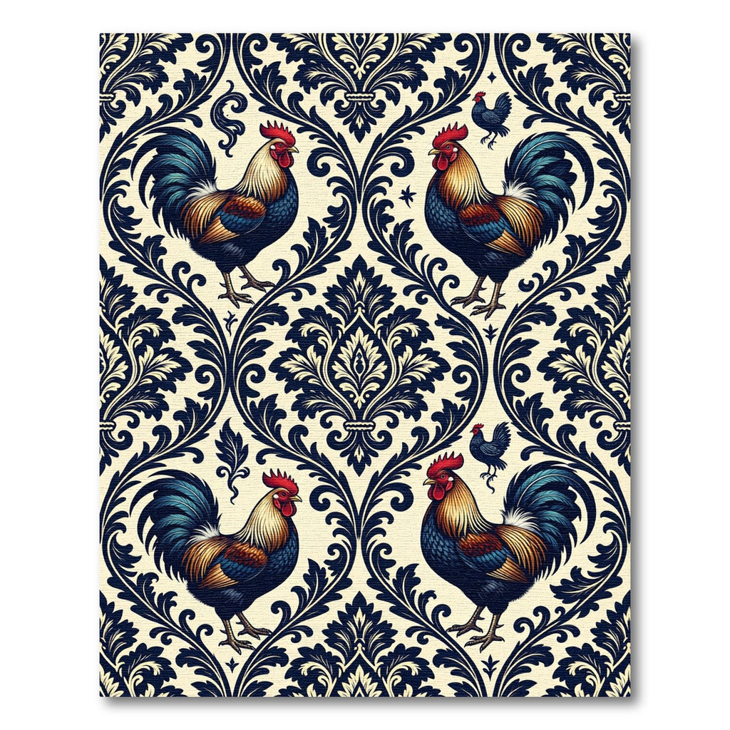 Navy Rooster Damask Cream Folk Art Rug