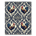 Navy Rooster Damask Cream Folk Art Rug