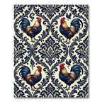 Navy Rooster Damask Cream Folk Art Rug