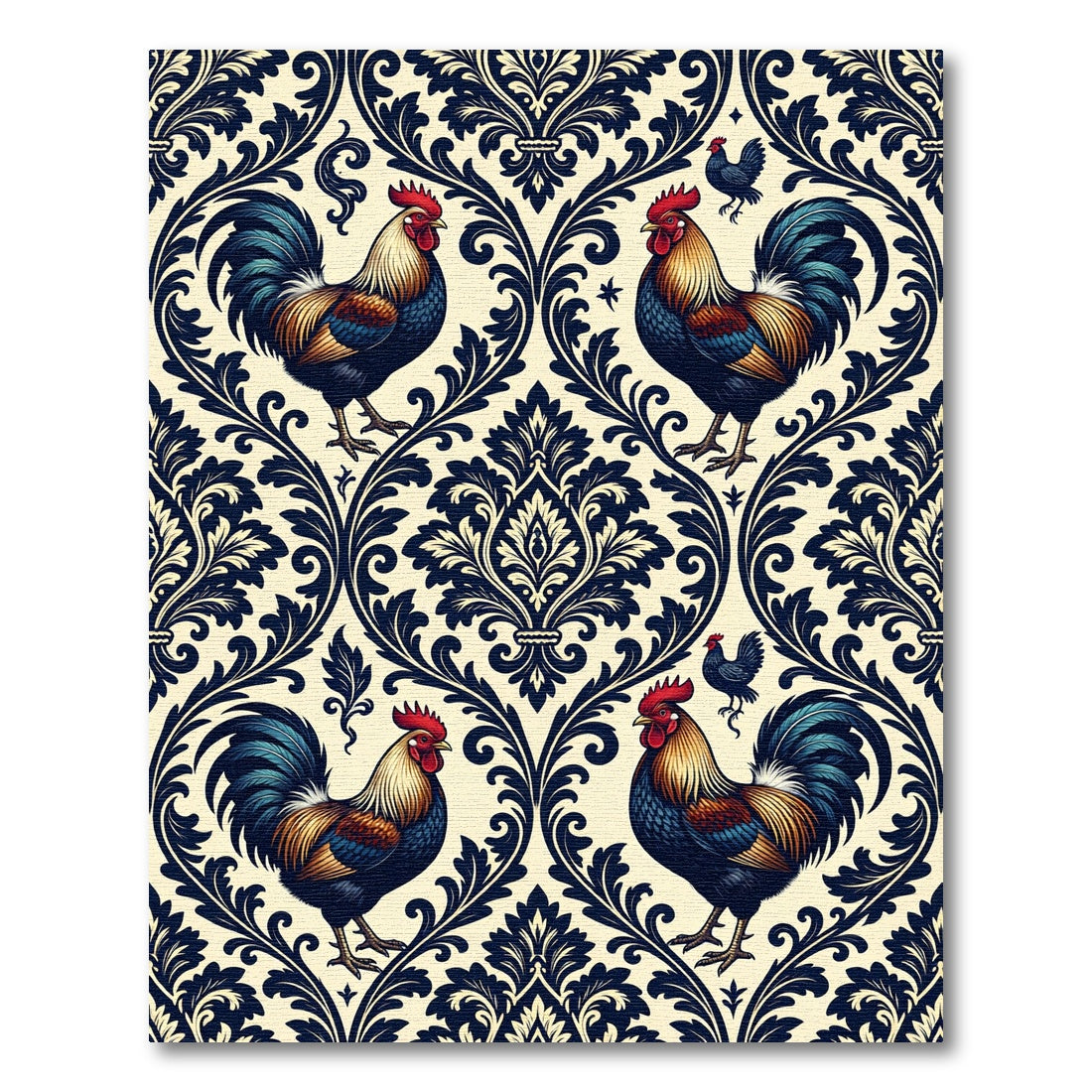Navy Rooster Damask Cream Folk Art Rug