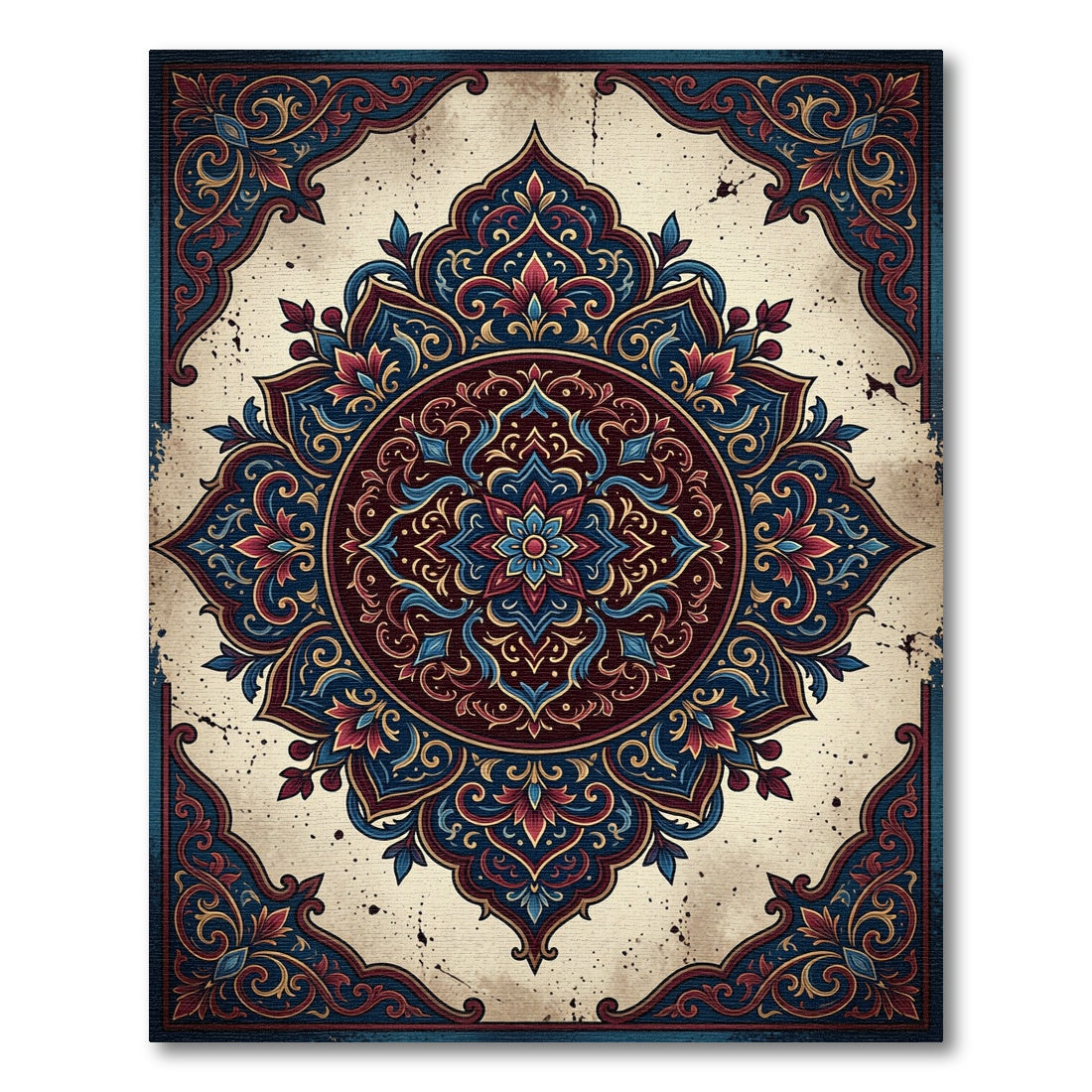 Deep Blue Crimson Floral Medallion Rug