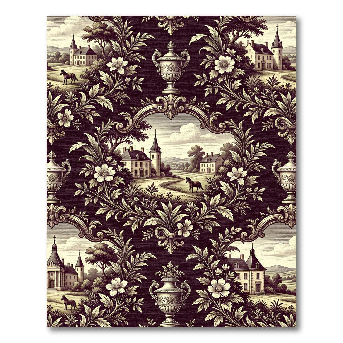 Antique French Chateau Landscape Vignette Rug