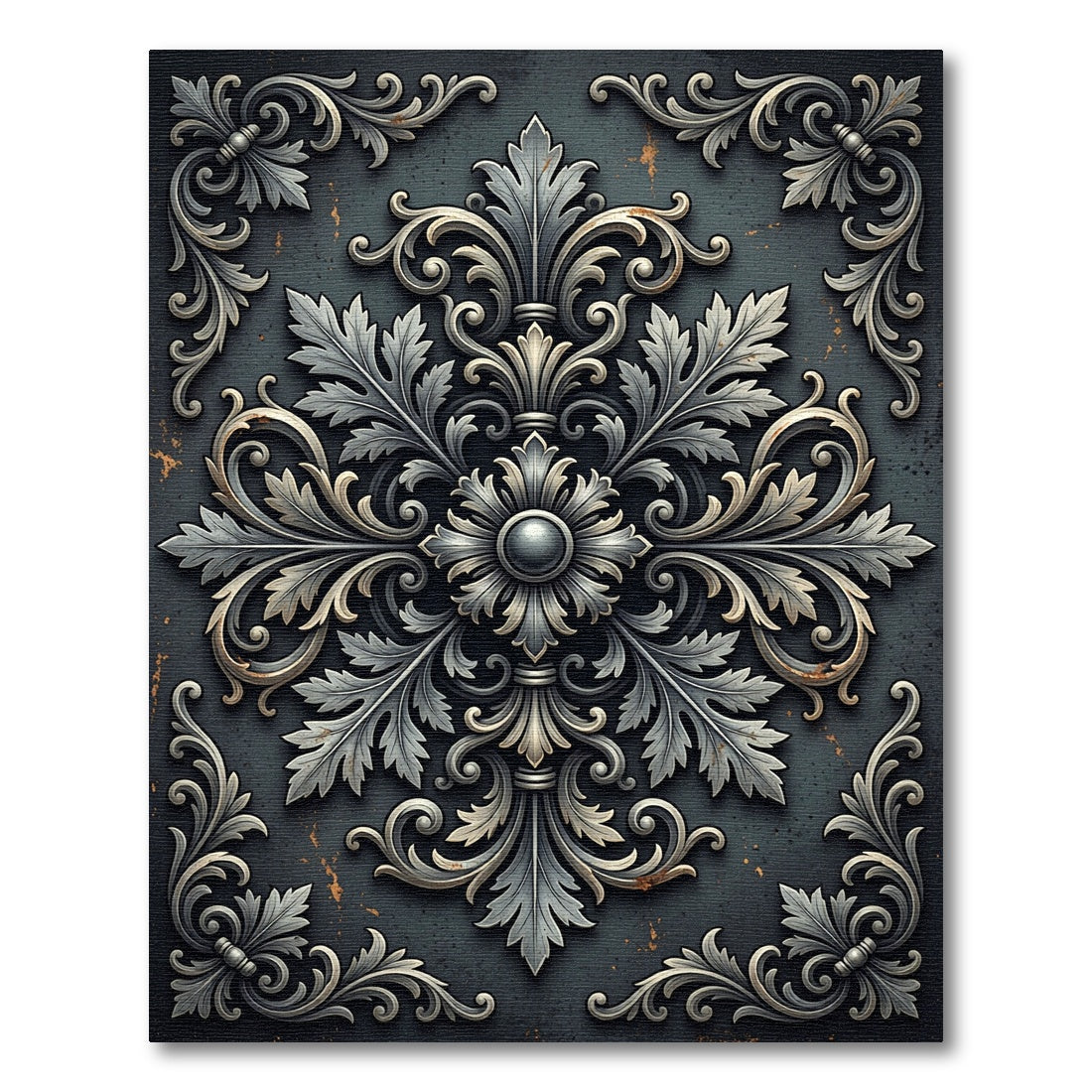 Ornate Charcoal Silver Baroque Medallion Rug