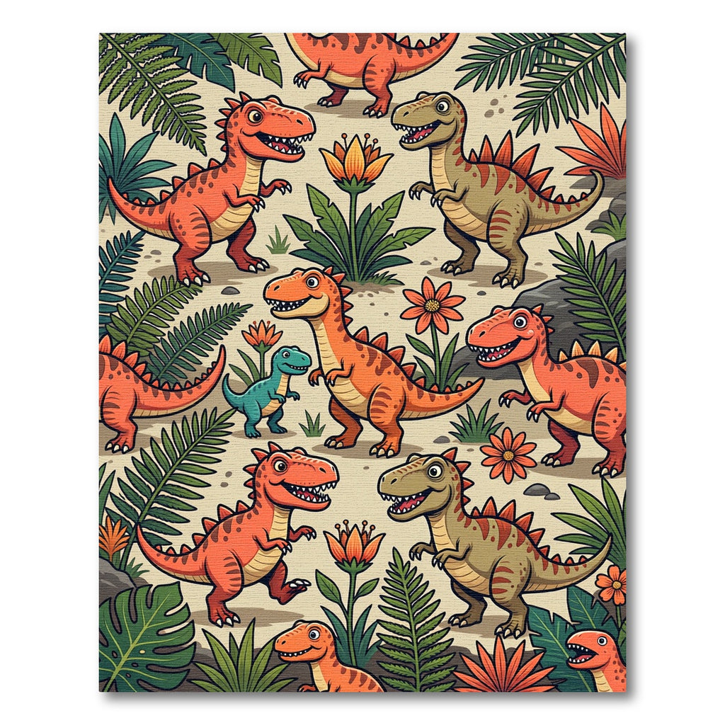 Playful Orange Dinosaur and Tropical Flora Rug