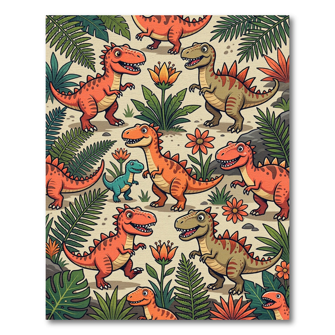 Playful Orange Dinosaur and Tropical Flora Rug